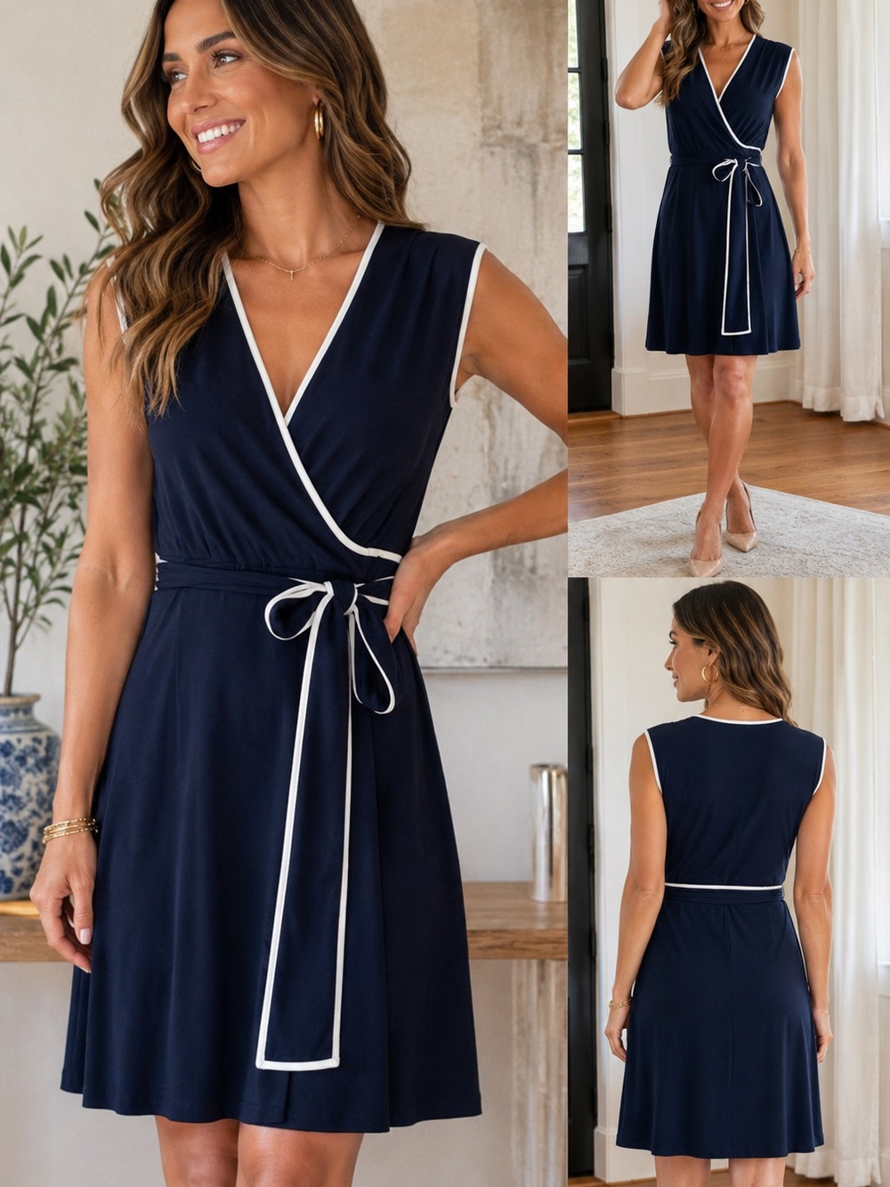 NWT Lauren Ralph Lauren Navy Wrap Dress with White Trim Sz 12